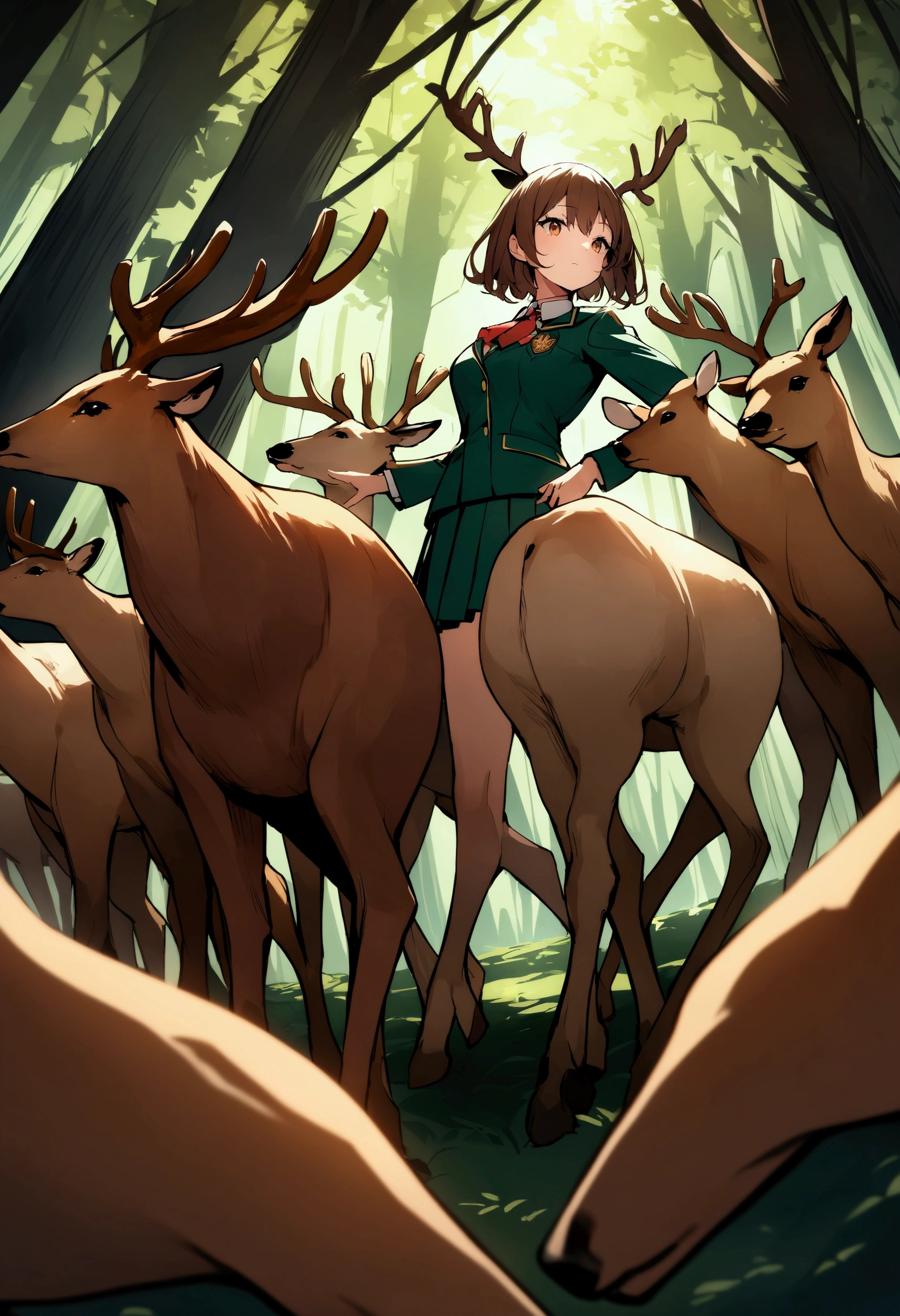 uniform、high school girl、Short Hair、Brown Hair、Deer antlers grow、In a dark and mysterious forest、Shooting with a wide-angle lens、Dynamic pose、Several deer standing next to each other、Masterpiece、Highest quality。