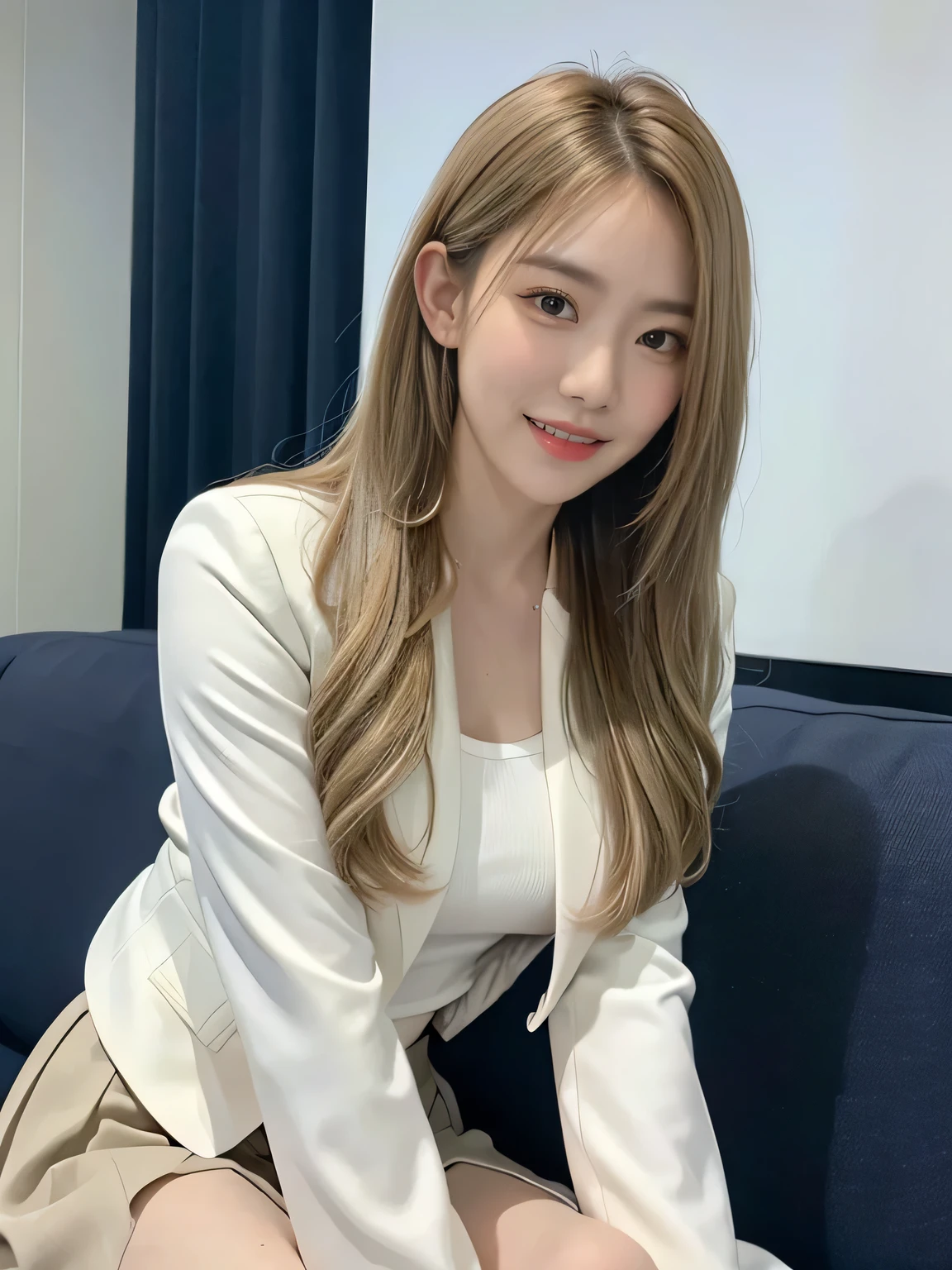 (8,000; Best Quality: 1.2), (Realistic, Realistic: 1.2), Lovely, Solo, Sky is Beautiful and Clear, Night, Moisture, Watching the Audience, (Sit: 1.5) Date, Mirai, (Nose Brush), (Smile: 1.15), Delicate eye (Deep Blonde: 1), Floating Hair Nova FrogStyle, White Suit Jacket, Burton T-shirt, Beige Pleats Skirt, Makeup, Lover's Smile, 35 years old, Beautiful (8,000, Yes, RAW Photo: 1.2, Random body orientation,