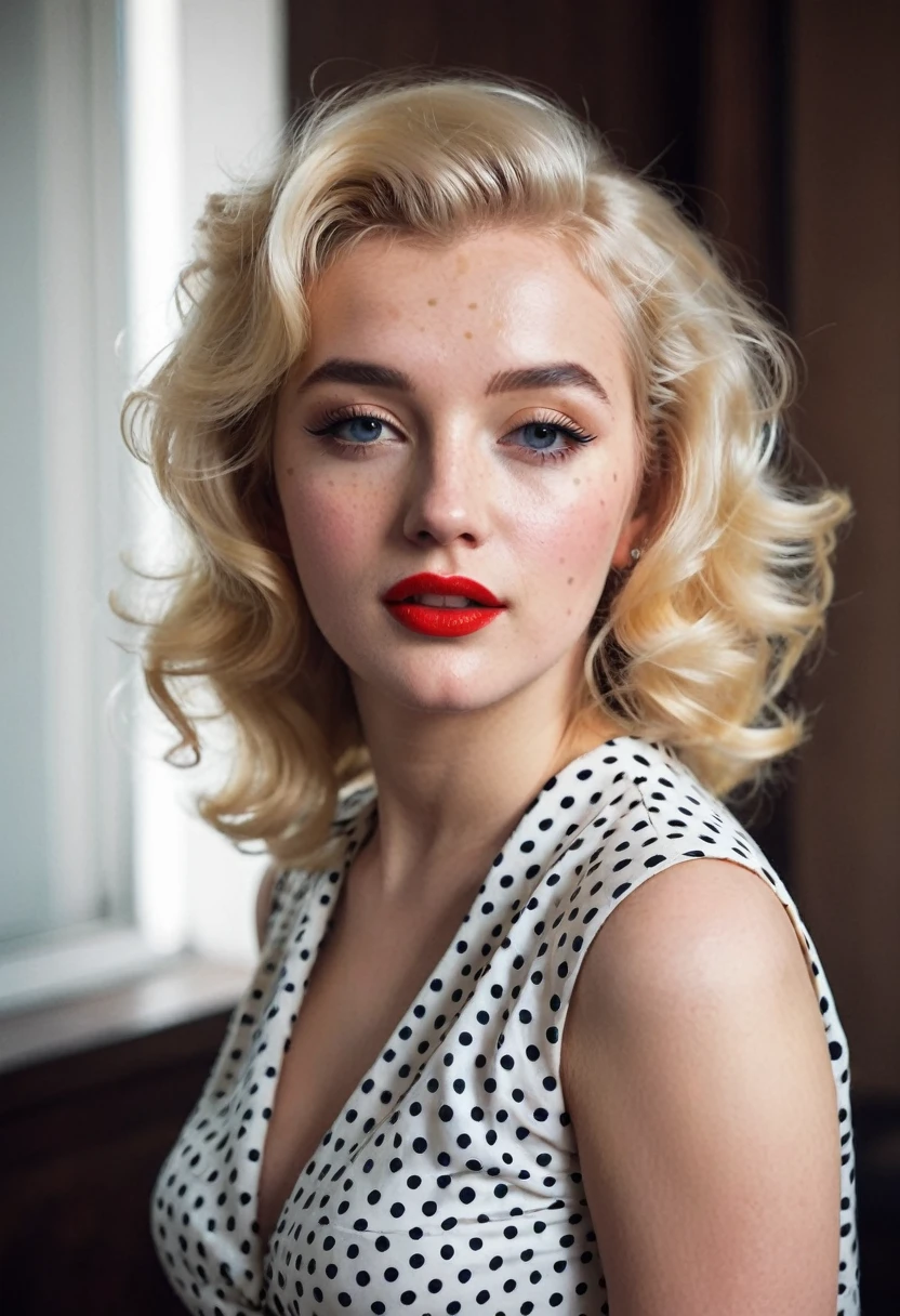 fashion photography of 23 y.o blonde woman, beautiful makeup, wearing dot dress, 35mm, Anastasia Ovchinnikova, holland, Marilyn Monroe look alike, longer face, beautiful eyes