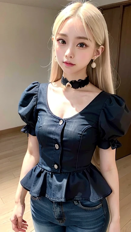 ((Puff sleeve peplum blouse、Denim pants (Black)))Extraordinary sexy beauty、beautiful, calm and bright look、Sexy and refreshing look、完璧なbeautifulcute顔、Very bright, Bright Blue Eyes、Long bangs between the eyes、Long platinum blonde straight hair、beautiful facial hair、とてもcute、beautifully、Sexy young tiny woman、非常に完璧なbeautifulcute顔、beautiful clear cute eyes、Real17歳女性、cute,((Small breasts))、(((Long white hair)))、(())、） And a very slim figure,,,,,、Very thin leganicules、Earrings、Pink Lip、choker、Real、Sexual、Highest quality、Detailed face、Detailed Background、Depth of written boundary、whole body viewing angle、Sexual、alone、night,Highest quality、High resolution、超High resolution（Real：1.4）Detailed eyes、Gradation、Perfect anatomical figure、Woman with perfect body、Highly detailed skin、非常にDetailed face、細部までbeautiful目、Background blur、