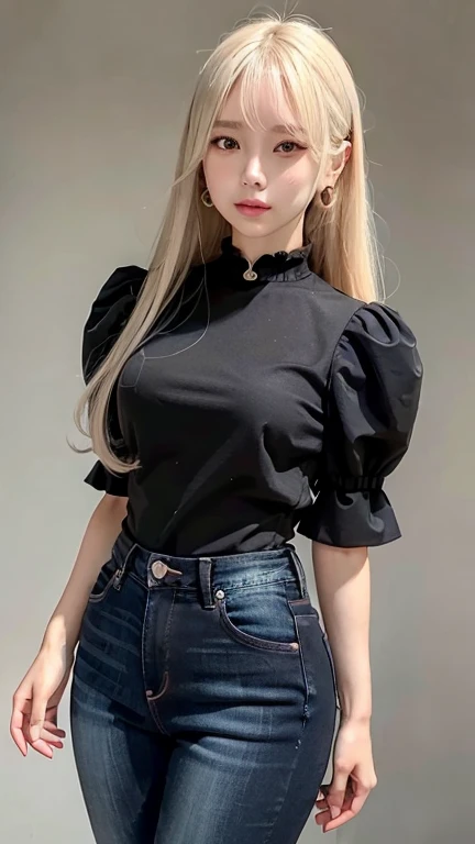 ((Puff sleeve peplum blouse、Denim pants (Black)))Extraordinary sexy beauty、beautiful, calm and bright look、Sexy and refreshing look、完璧なbeautifulcute顔、Very bright, Bright Blue Eyes、Long bangs between the eyes、Long platinum blonde straight hair、beautiful facial hair、とてもcute、beautifully、Sexy young tiny woman、非常に完璧なbeautifulcute顔、beautiful clear cute eyes、Real17歳女性、cute,((Small breasts))、(((Long white hair)))、(())、) And a very slim figure,,,,,、Very thin leganicules、Earrings、Pink Lip、choker、Real、Sexual、Highest quality、Detailed face、Detailed Background、Depth of written boundary、whole body viewing angle、Sexual、alone、night,Highest quality、High resolution、超High resolution(Real:1.4)Detailed eyes、Gradation、Perfect anatomical figure、Woman with perfect body、Highly detailed skin、非常にDetailed face、細部までbeautiful目、Background blur、