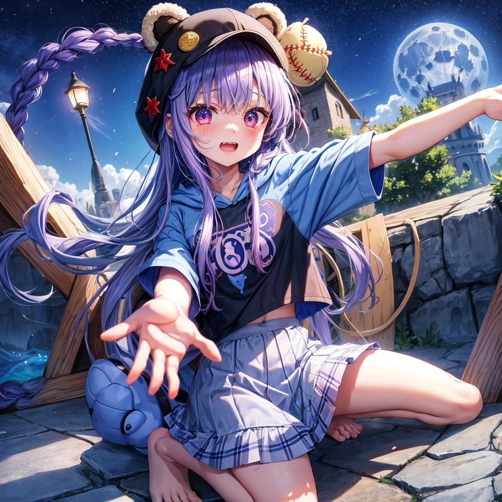 Blue-light purple hair、Red eyes、Braid、One cute girl、solo、And soul、Light clothing、Checked mini skirt、petal、Wet hair、black t-shirts、hoodie、bear ears baseball cap、large tree、cloud、Red full moon、desert、barefoot、Stones are piled up、Teeth are visible、Secret Treasure、Fortress City、Tilting face、Starry Sky