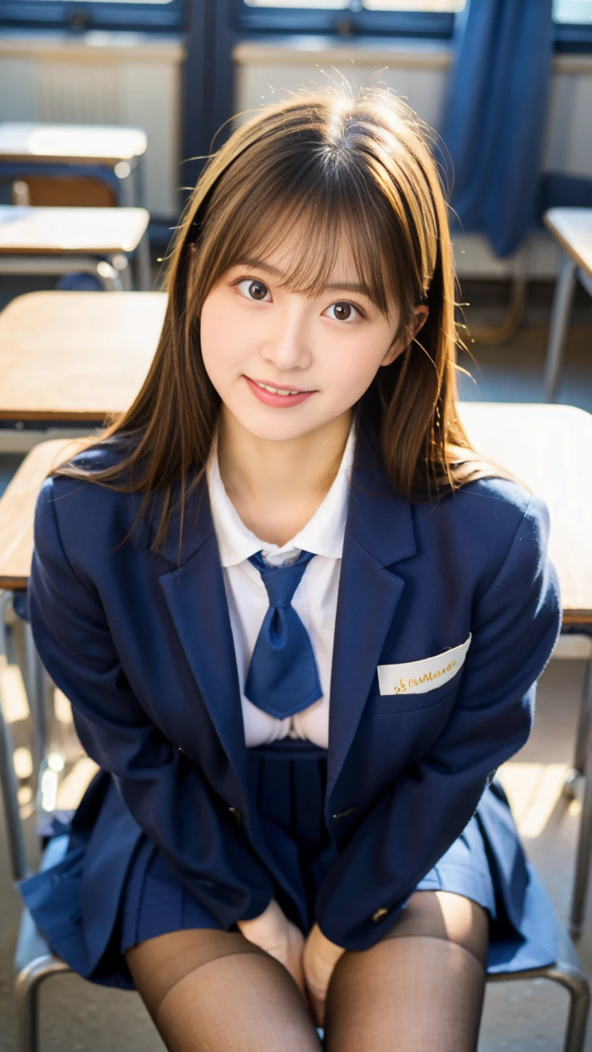 Symmetrical face, Golden Ratio, beautiful girl, One beautiful woman, ((Big Breasts)), Long blonde hair, blue eyes, A blue ribbon in her hair, High School Outfit, Black blazer, Black Skirt, Blue tie, Medium Bust, Wearing thigh-high stockings, In the classroom, Serious expression, High resolution, smile, Small nose, 