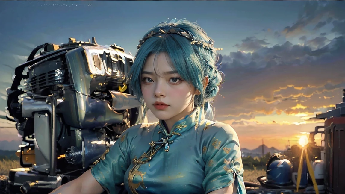 (sunrise:1.5)，Oil painting style,A girl's side,,Gold headdress，(Blue Hair:1.2)，(The background is the generator:1.5),(Green short-sleeved cheongsam:1.3),(fat face:1.4),(Silver Arm Decoration:1.1),(Longing expression:1.2)