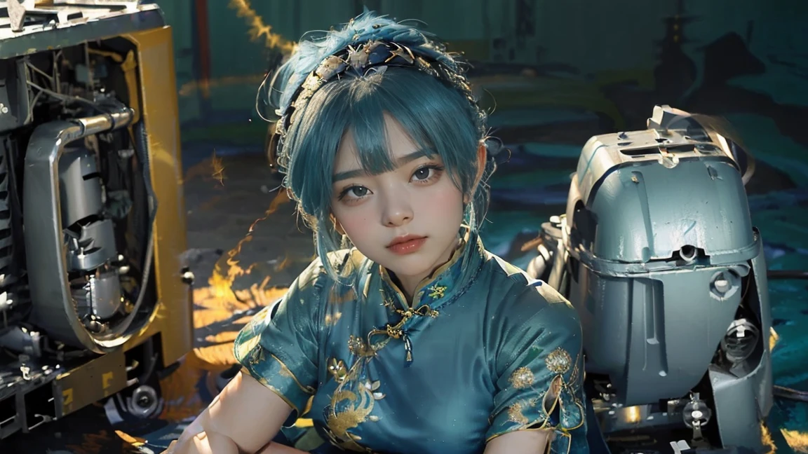 (sunrise:1.5)，Oil painting style,A girl's side,,Gold headdress，(Blue Hair:1.2)，(The background is the generator:1.5),(Green short-sleeved cheongsam:1.3),(fat face:1.4),(Silver Arm Decoration:1.1),(Longing expression:1.2)