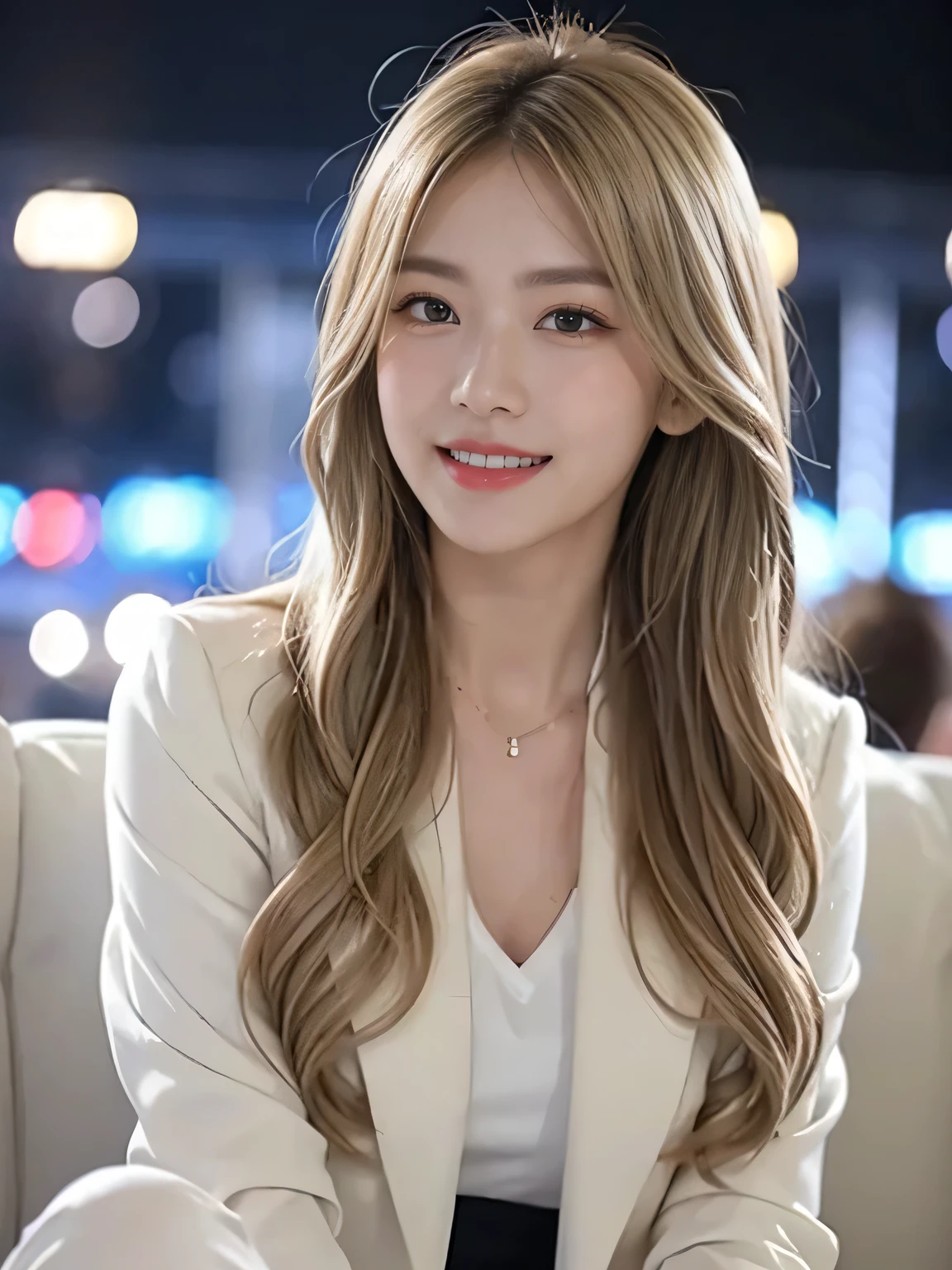 (8,000; Best Quality: 1.2), (Realistic, Realistic: 1.2), Lovely, Solo, Sky is Beautiful and Clear, Night, Moisture, Watching the Audience, (Sit: 1.5) Date, Mirai, (Nose Brush), (Smile: 1.15), Delicate eye (Deep Blonde: 1), Floating Hair Nova FrogStyle, White Suit Jacket, Burton T-shirt, Beige Pleats Skirt, Makeup, Lover's Smile, 35 years old, Beautiful (8,000, Yes, RAW Photo: 1.2, Random body orientation, 