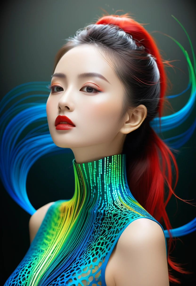 high quality, 8K Ultra HD, Surreal portrait of a stunning woman.
high quality, 8K Ultra HD, 想象一下一幅充满活力的画布被一连串的彩色binary code照亮, Forming the silhouette of an attractive woman, Dynamic lines and patterns, Reminiscent of digital dance, Weaving together,Creating a fusion of technology and art, binary code, Hues range from electric blue to bright red and vivid green, Breathing life into the female form, Her silhouette is a combination of digital and organic, Proves that your masterpiece perfectly combines technology and beauty, By Xueying, High Detail,