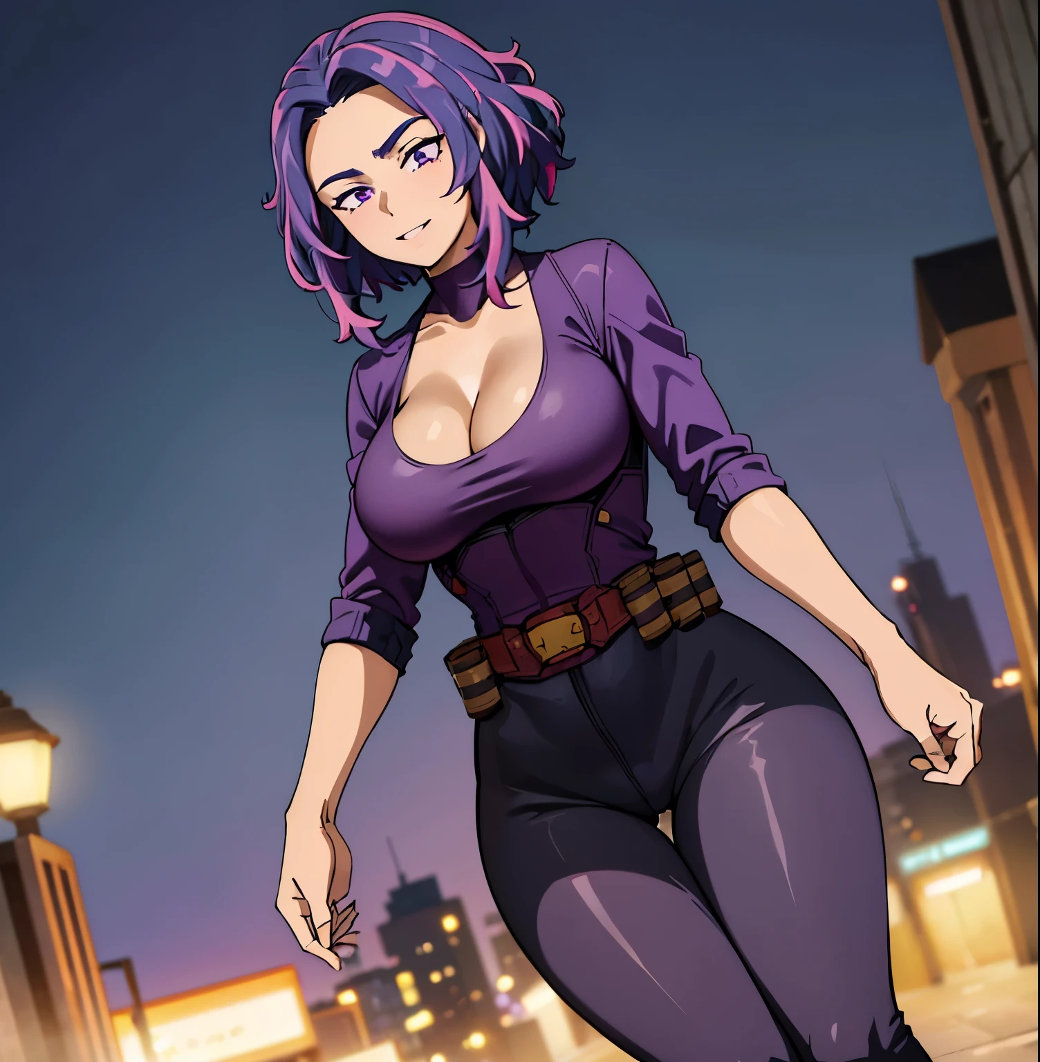 ((1girl)),((alone)),lady nagant,(masterpiece), (best quality), (ultra detailed), (best illustration), (best shadow), (absurdities), sharp focus, cowboy shot ,atmospheric perspective, depth of field, dynamic posture looking at the viewer, large breasts, narrow waist, wide hips, wide thighs, round butt, erotic, romantic, (very detailed eyes, lips 1.1), very detailed eyes, eyes, very face detailed, very beautiful face, full height, beautiful slim figure, femininity, expressive appearance, elastic big breasts, sexuality, Nagant, mature woman, purple hair, purple eyes, multi-colored hair, short hair, highlighted hair, pink hair, medium hair , two-tone hair, ,defined body, dark purple jacket:1.4, short leather jacket:1.3, open jacket:1.3,black sports bra:1.3,tight bra,((cleavage)),black yoga pants:1.3,tight pants :1.2, purple sneakers:1.3,Perfect and beautiful body, perfect and beautiful, closed mouth, smile, happy smile, blushing, (sexy pose: 1.2), ((solo)), standing: 1.3, ((out on the streets : 1, 5, city view: 1.5, streets: 1.5, city lights: 1.5, moon: 1.3, night: 1.4, metropolis: 1.4), looking back, from behind, ( (focus on ass:1.4)), point of view: (from below), perfect anatomy, perfect hands
