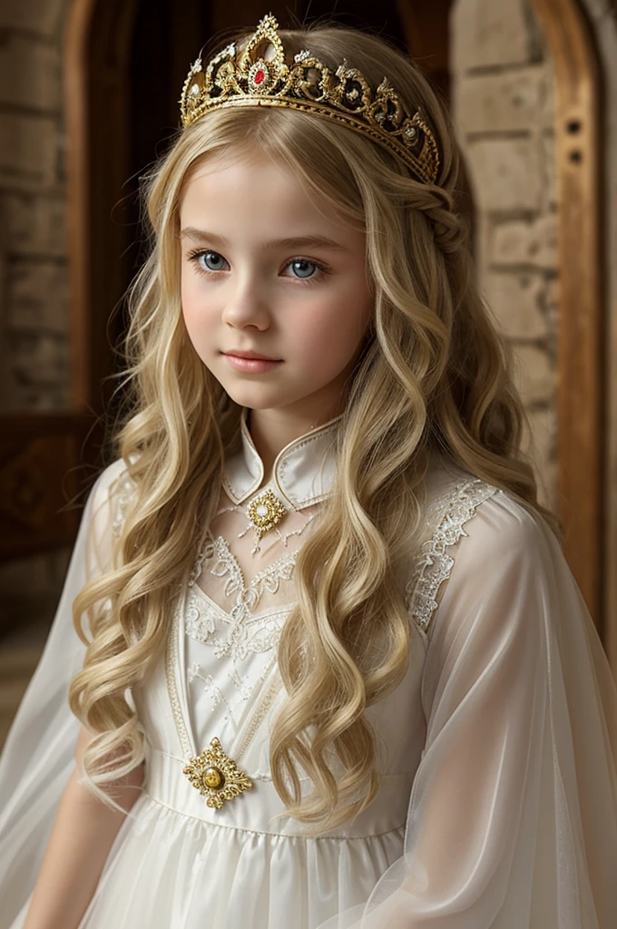 Beautiful medieval Russian princess, long wavy blonde hair, transparent white dress