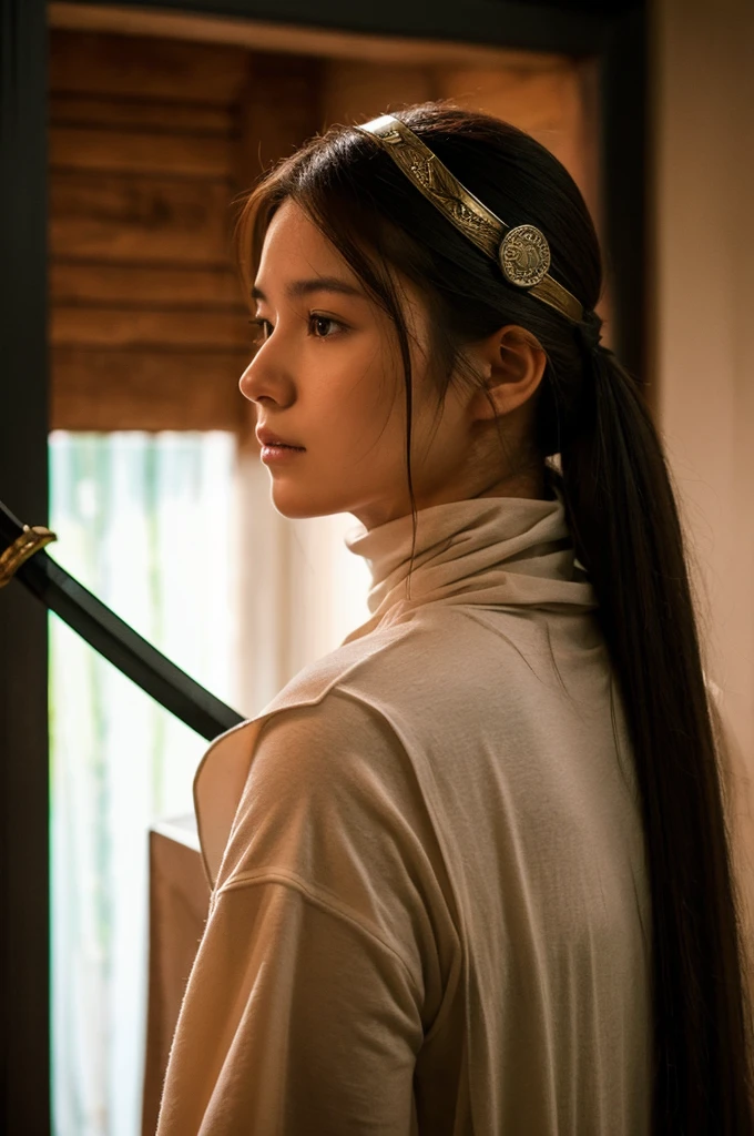 A woman with long hair, wearing a cowl and a headband on her forehead, standing in a small room, guarding and protecting the area, watching intently, with a sword on her back, detailed emotions on her face