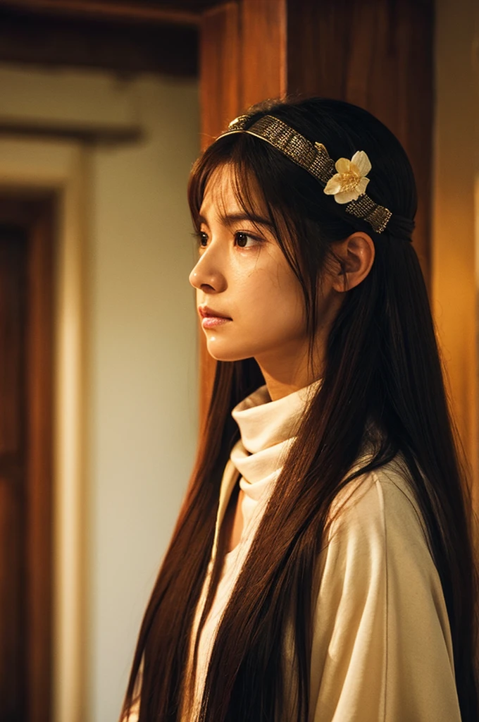 A woman with long hair, wearing a cowl and a headband on her forehead, standing in a small room, guarding and protecting the area, watching intently, with a sword on her back, detailed emotions on her face