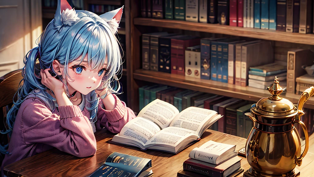 Cat-eared girl reading a book