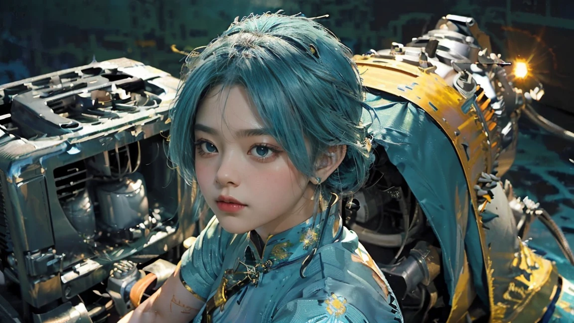 (sunrise:1.5)，Oil painting style,A girl's side,,Gold headdress，(Blue Hair:1.2)，(The background is the generator:1.5),(Green short-sleeved cheongsam:1.3),(fat face:1.5),(Silver Arm Decoration:1.1),(Longing expression:1.2)