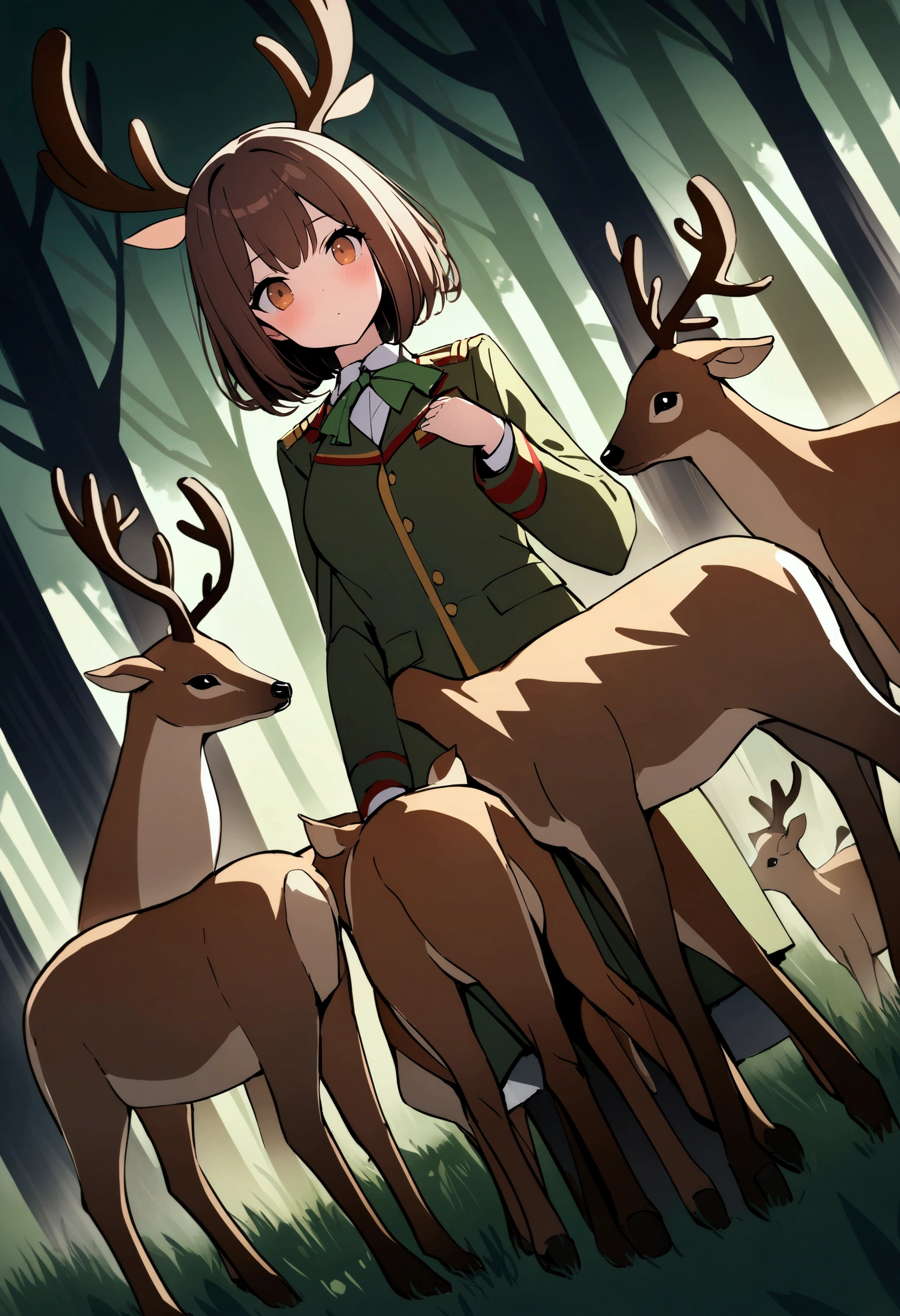 uniform、high school girl、Short Hair、Brown Hair、Deer antlers grow、In a dark and mysterious forest、Shooting with a wide-angle lens、Several deer standing next to each other、Masterpiece、Highest quality。