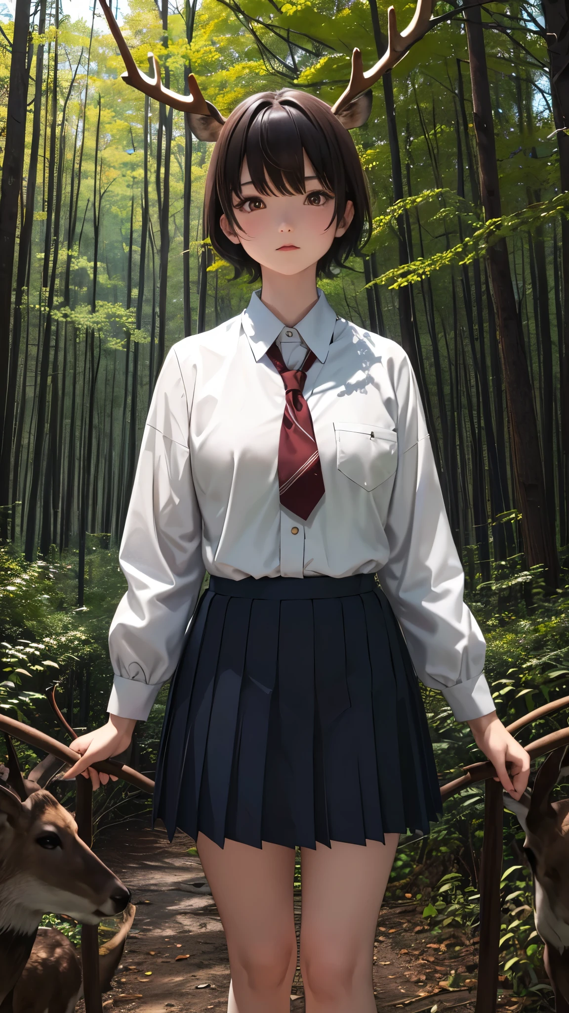 uniform、high school girl、Short Hair、Brown Hair、Deer antlers grow、In a dark and mysterious forest、Shooting with a wide-angle lens、Dynamic pose、Deer standing next to、Masterpiece、Highest quality。