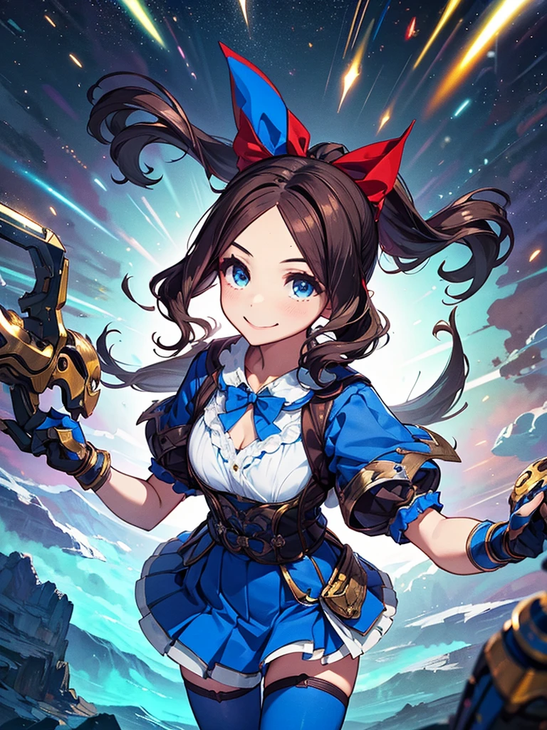 davinci, ponytail, hair bow, parted bangs, small breasts, blue bow, cape, puffy short sleeves, blue gloves, red skirt, blue pantyhose, Leonardo da Vinci, 1 girl,Highest quality,((Highest quality)),((Tabletop)),((Perfect Face)),1 girl,smile,beauty,((Holographic)),Shooting stars flow,Fantastic,Cinematic,Like the cover of a movie ,hands on knees,Highest quality,((Highest quality)),((Tabletop)),((Perfect Face)),1 girl,Cold gaze,Long eyelashes, beauty,((Holographic)),(masterpiece:1.2, Highest quality),(Desolate desert background) , (Beautiful attention to detail: 1.2), (Very detailedな CG Unity 8K 壁紙, masterpiece, Highest quality, Very detailed, Best Shadow), (Detailed Background), Chaotic abstract background, Vector Trace, Gradient Blending