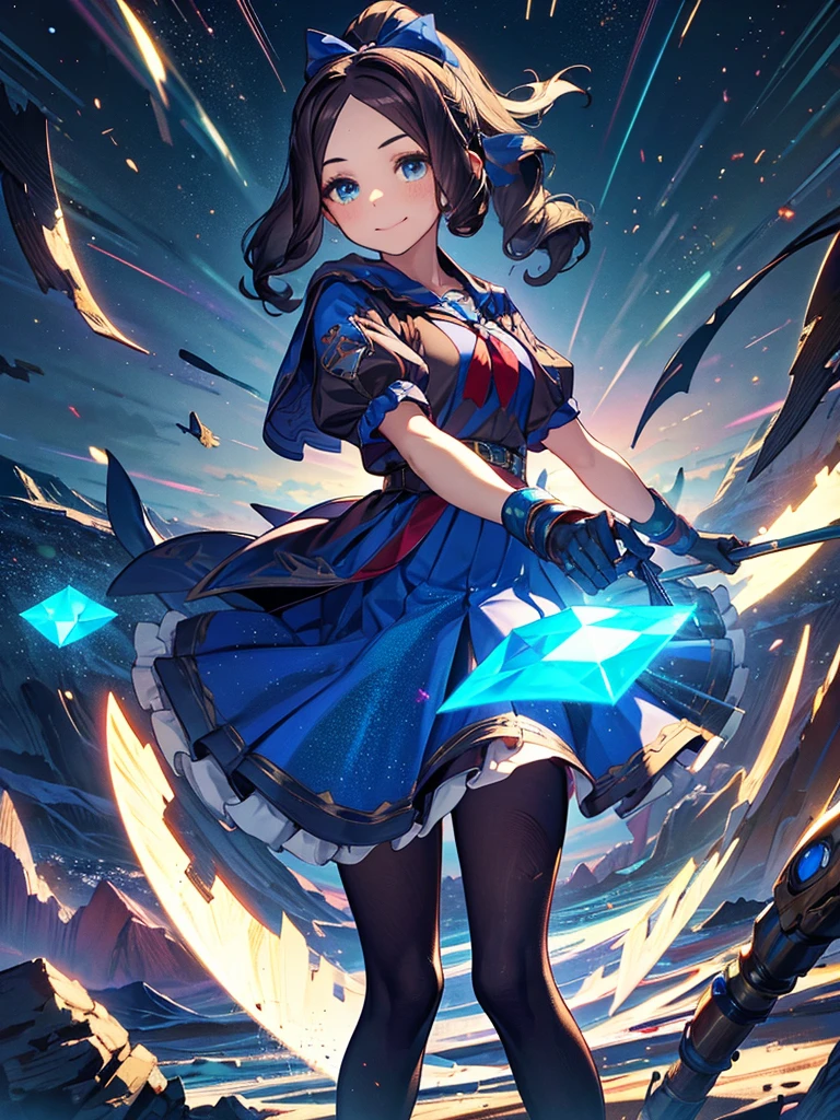 davinci, ponytail, hair bow, parted bangs, small breasts, blue bow, cape, puffy short sleeves, blue gloves, red skirt, blue pantyhose, Leonardo da Vinci, 1 girl,Highest quality,((Highest quality)),((Tabletop)),((Perfect Face)),1 girl,smile,beauty,((Holographic)),Shooting stars flow,Fantastic,Cinematic,Like the cover of a movie ,hands on knees,Highest quality,((Highest quality)),((Tabletop)),((Perfect Face)),1 girl,Cold gaze,Long eyelashes, beauty,((Holographic)),(masterpiece:1.2, Highest quality),(Desolate desert background) , (Beautiful attention to detail: 1.2), (Very detailedな CG Unity 8K 壁紙, masterpiece, Highest quality, Very detailed, Best Shadow), (Detailed Background), Chaotic abstract background, Vector Trace, Gradient Blending