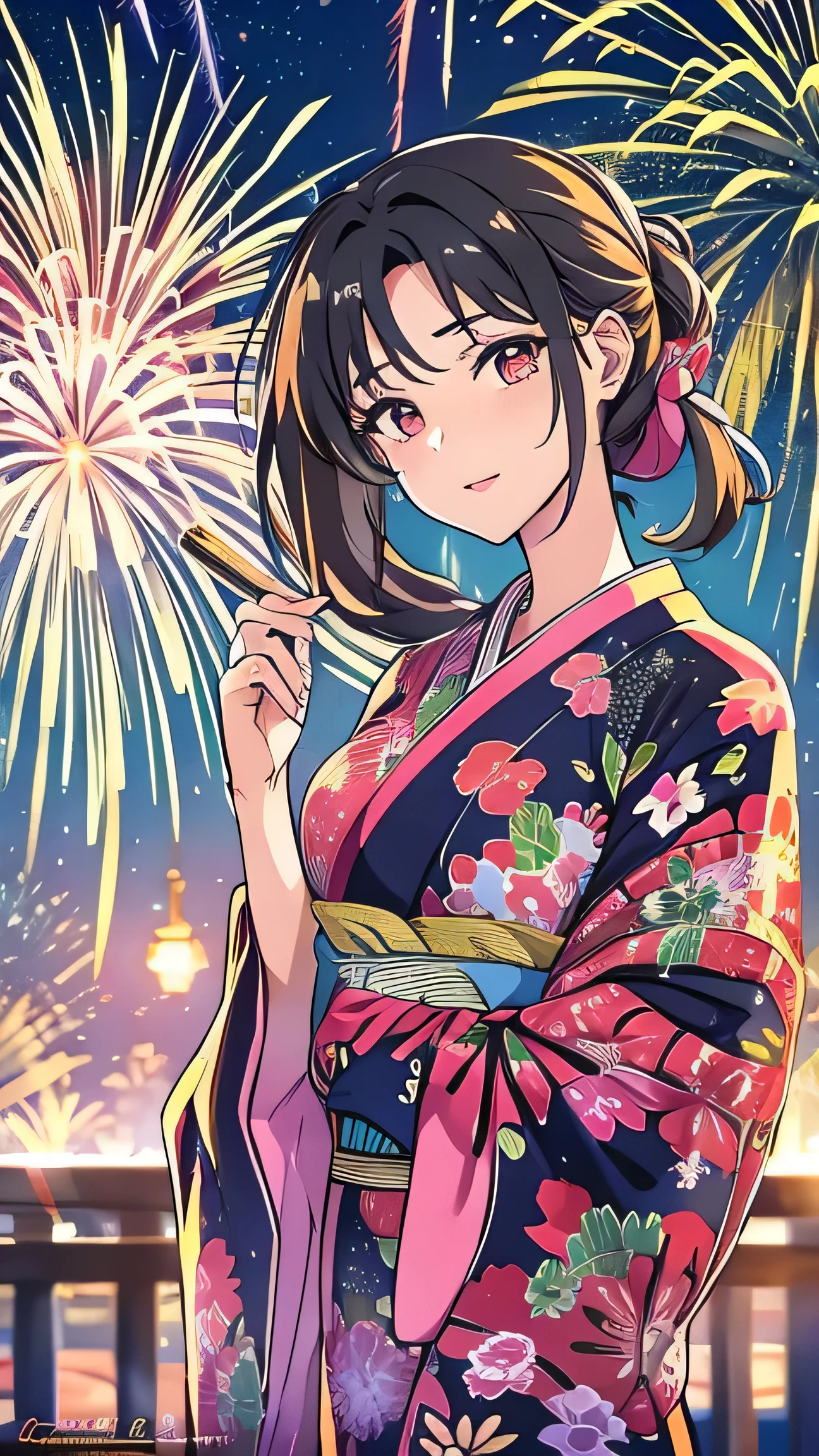 Highest quality, Finer details, (Beautiful single women))), Highly detailed eyes and face, firework, yukata, looking up at firework, ponytail, Large tear bags, double eyelid