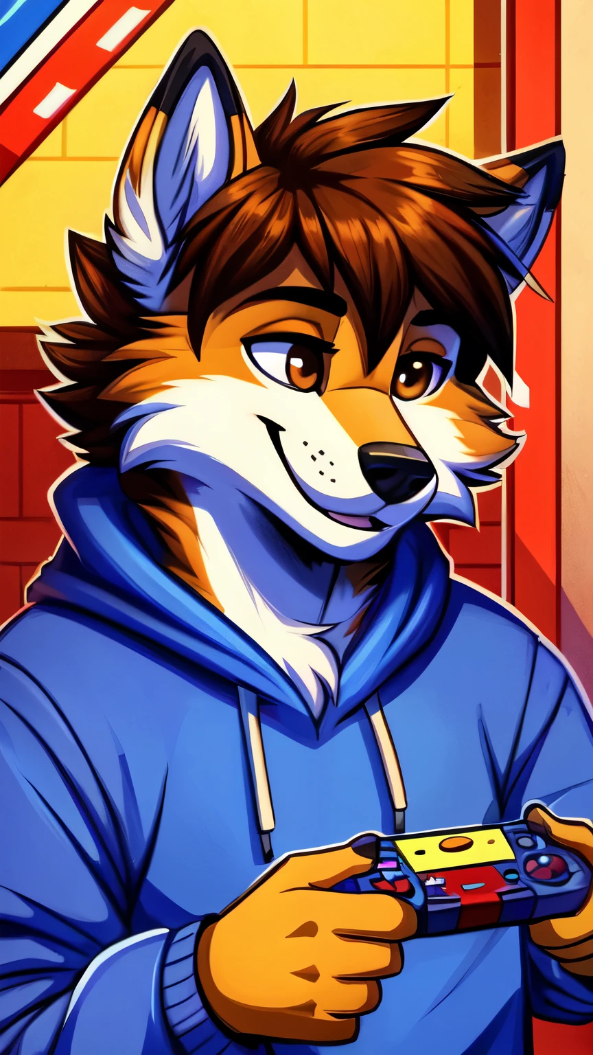 Retro arcade style anthropomorphic, wolf, fur, furry, male, detailed tail, detailed fur, detailed face, perfect face, perfectly rendered face, correct eyes, brown eyes, brown hair, brown fur, hairstyles, detailed muzzle, detailed mouth, detailed fur, five fingers, proper hands, proper shading, proper lighting, detailed, detailed background, detailed foreground, solo focus, detailed character(s), high quality, (high res), hoodie, headshot, portrait, smile, closed eyes, closed eyed smile . 8-bit, pixelated, vibrant, classic video game, old school gaming, reminiscent of 80s and 90s arcade games use this text on image - Xoapd in clear text