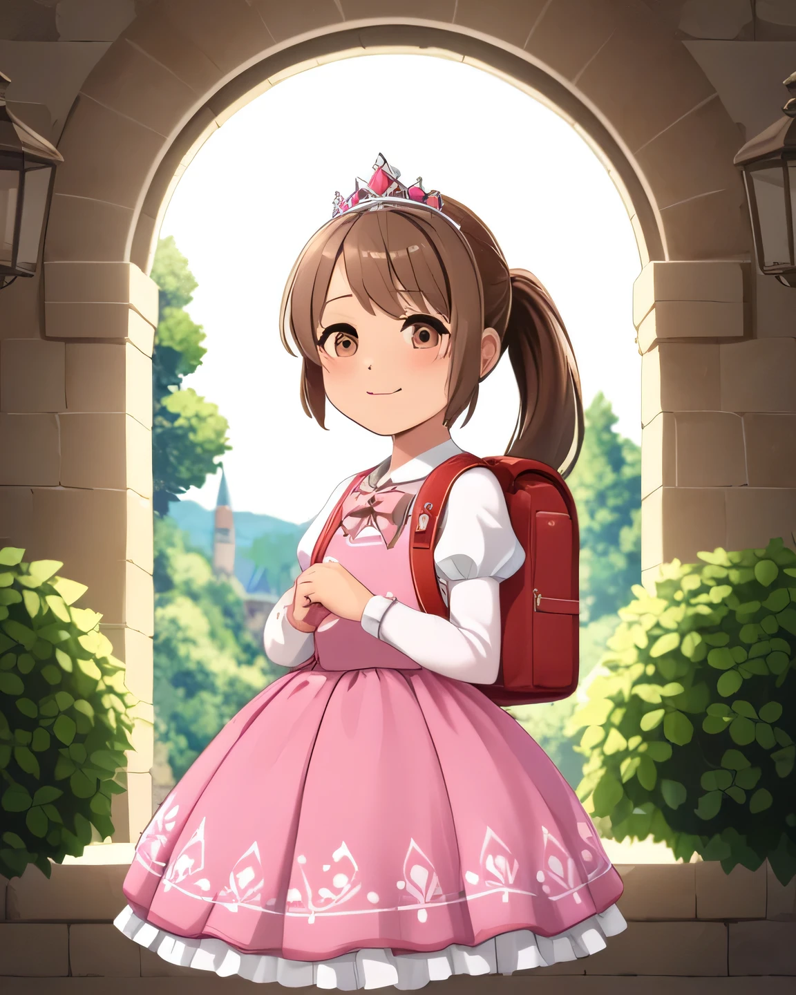 masterpiece, best quality, highres, 1girl, long hair, one side up, solo, ponytail,brown hair, masterpiece, best quality, highres, 1girl, 9 years old, solo, brown hair, short hair, brown eyes, mole under eye, cowboy shot,, princess dress, princess Costume,bowtie, smile (princess:1.2), frilled dress, tiara, castle, outdoor, garden, wearing randoseru backpack, (randoseru backpack:1.2), outdoor, day