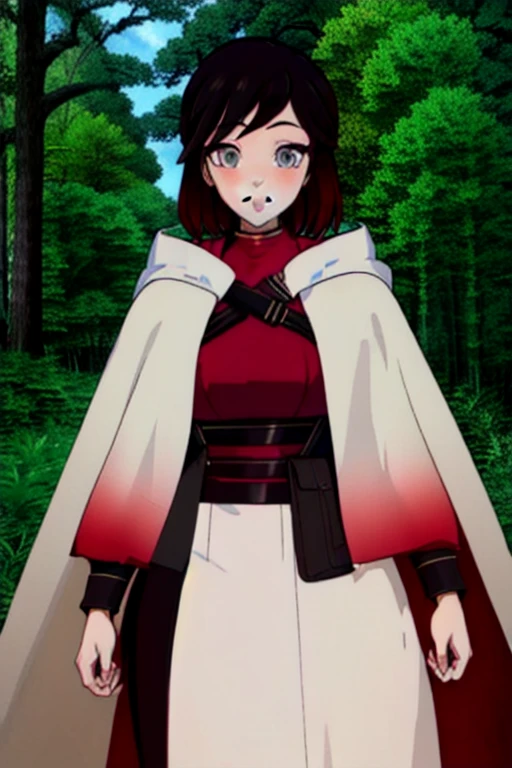 srwby, short hair, black hair, red hair, white cloak, white cape, gradient hair, grey eyes, Solo, 1girl, Looking at viewer, Masterpiece, Best Quality, forest, standing, smile