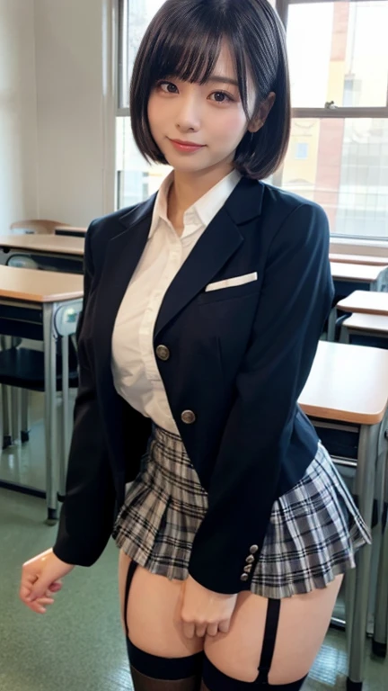 masterpiece, Highest quality, figure, Very detailed, The finer details, High resolution, 8k,wallpaper, Perfect dynamic composition,(Detailed high quality, Realistic depiction of eyes:1.3), High school classroom、Schoolgirl uniform、blazer 、Super Short Check Uniform Skirt、Navy blue knee-high socks、garter belt、Large swollen breasts, Disheveled uniform, Short Bob Hair, Black hair color, Huge breasts, Big Natural Color Lip, Bold sexy pose, Perfect figure, Crying a little、Harajuku Style、20-year-old girl、Cute type, Beautiful feet, Gravure idol pose