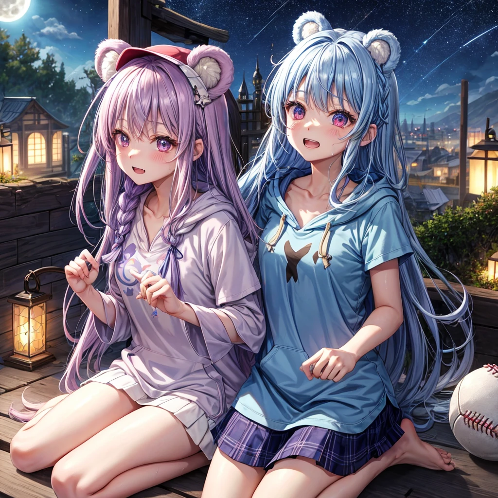 Blue-light purple hair、Red eyes、Braid、One cute girl、solo、And soul、Light clothing、Checked mini skirt、petal、Wet hair、black t-shirts、hoodie、bear ears baseball cap、large tree、cloud、Burning Full Moon、desert、barefoot、Stones are piled up、Teeth are visible、Secret Treasure、Fortress City、Tilting face、Starry Sky