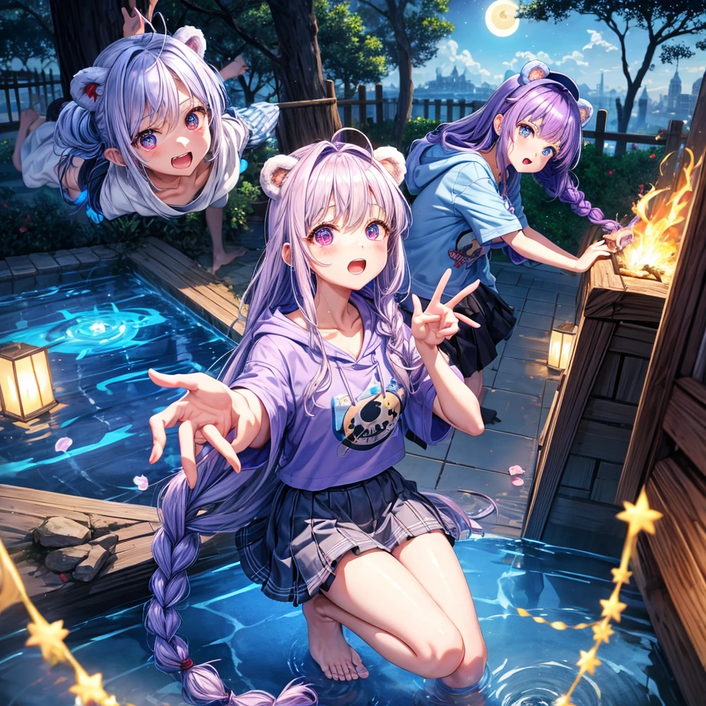 Blue-light purple hair、Red eyes、Braid、One cute girl、solo、And soul、Light clothing、Checked mini skirt、petal、Wet hair、black t-shirts、hoodie、bear ears baseball cap、large tree、cloud、Burning Full Moon、desert、barefoot、Stones are piled up、Teeth are visible、Secret Treasure、Fortress City、Tilting face、Starry Sky