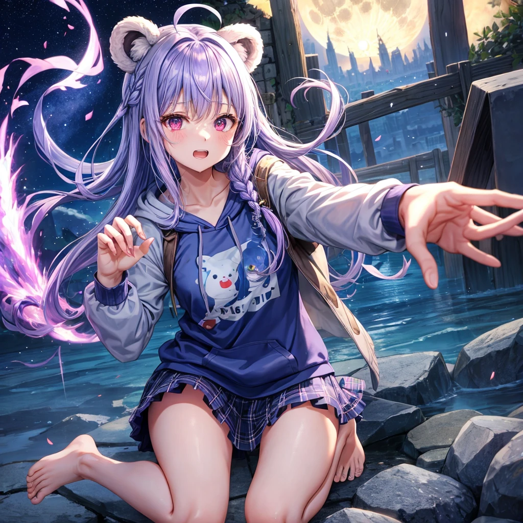 Blue-light purple hair、Red eyes、Braid、One cute girl、solo、And soul、Light clothing、Checked mini skirt、petal、Wet hair、black t-shirts、hoodie、bear ears baseball cap、large tree、cloud、Burning Full Moon、desert、barefoot、Stones are piled up、Teeth are visible、Secret Treasure、Fortress City、Tilting face、Starry Sky