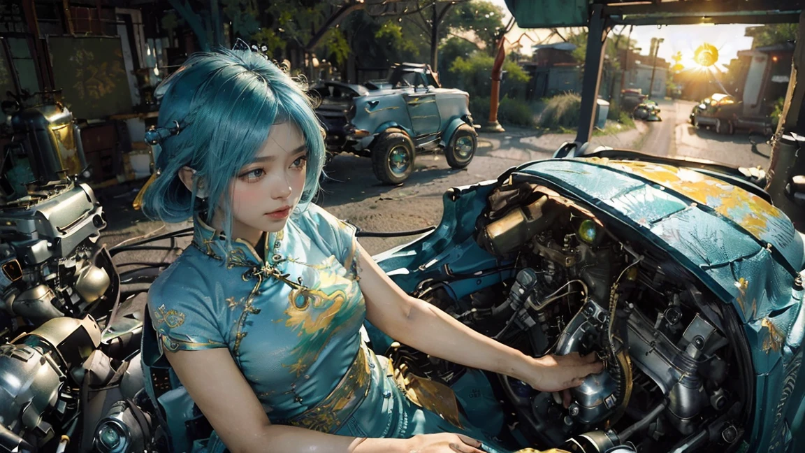 (sunrise:1.5)，Oil painting style,A girl's side,Upper Body,Gold headdress，(Blue Hair:1.2)，(Internal combustion engine in the background:1.5),(Green short-sleeved cheongsam:1.3),(fat face:1.4),(Silver Arm Decoration:1.1),(Longing expression:1.2)