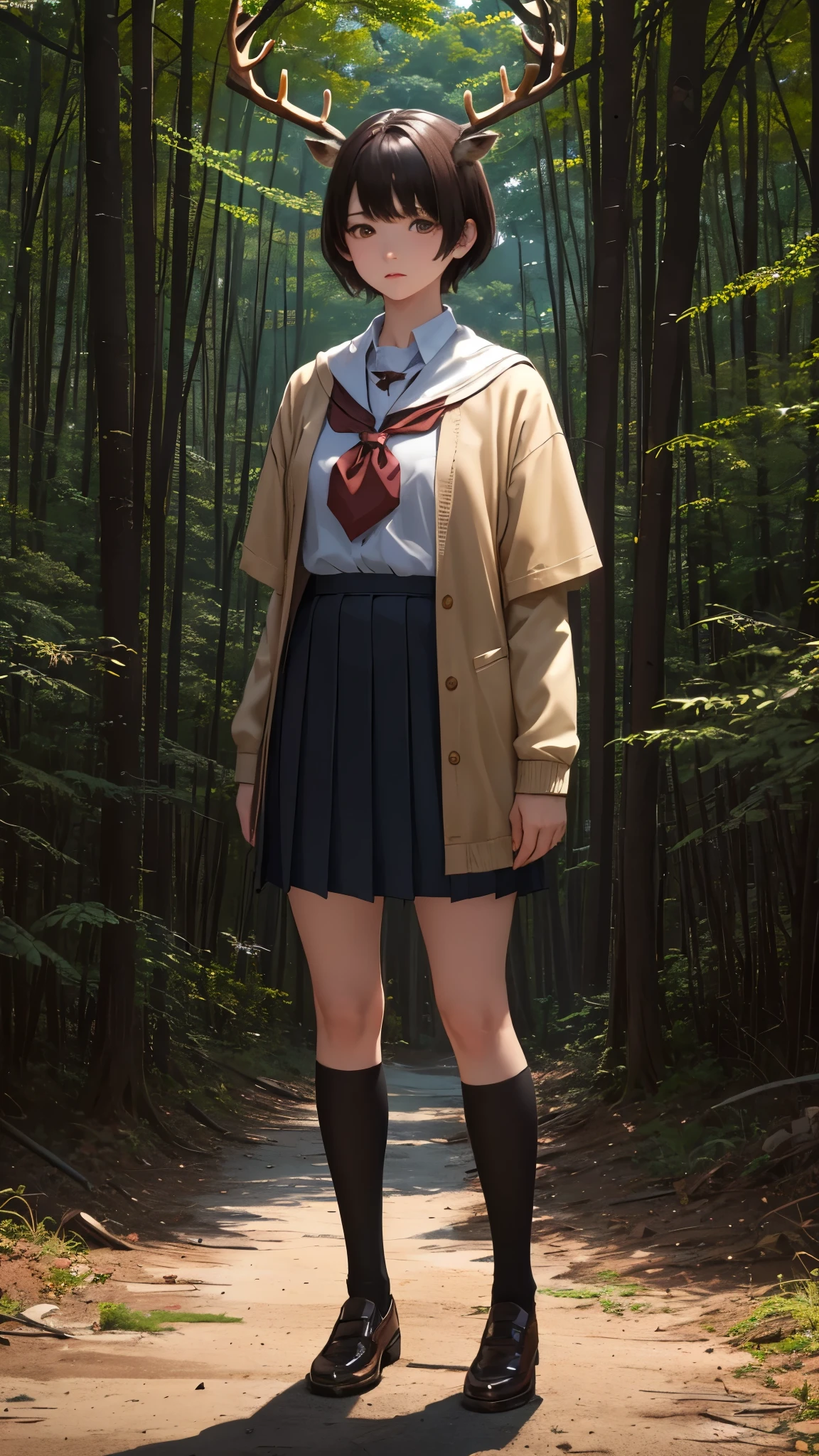uniform、high school girl、Short Hair、Brown Hair、Deer antlers grow、In a dark and mysterious forest、Shooting with a wide-angle lens、Dynamic pose、Standing with a deer、Hugging a deer、Masterpiece、Highest quality。