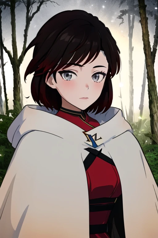 srwby, short hair, black hair, red hair, white cloak, white cape, gradient hair, grey eyes, Solo, 1girl, Looking at viewer, Masterpiece, Best Quality, forest