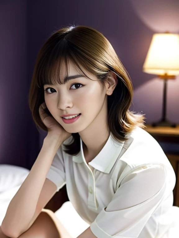 (Masterpiece, Best quality: 1.4), (Ultra realistic, Photo-realistic: 1.2), Full body, Spread legs, Looking at viewer, Natural light, 30 years old actress, Japanese women, Neat and clean, ((Wearing white tennis uniform, White short-sleeve polo shirt with collar, Not buttoning the polo shirt, White pleated skirt: 1.2)), (Short wavy hair: 1.2), Light brown hair color, (Beautiful Face), Oval face, clear, (Beautiful eyes, Kind eyes), (Clear skin), Small face, (Small mouth, Beautiful mouth), Natural makeup, (Wearing white socks: 1.1), Approachable, Hotel Suite room,On bed, Seductive smile, Seductive pose, Beautiful thighs, Bedroom eyes, Embarrassed, blush