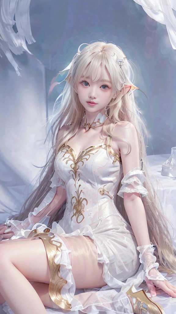 Close-up of face, Face Shooting, (White Dress :1.7), Short witch skirt, Long streamers, blond, blond hair, (Pointed ears: 1.5), (Gold pattern quality:1.3), woman, Has long blonde hair, Off-shoulder, Top-level detailed CG quality 4K wallpaper, master, A masterpiece, portrait, middle, Watch the video, Beautiful Chinese-Korean mixed-race idol, ((Very delicate face, Detailed description of facial features)), Bitten lip makeup, sweet smile, Perfect facial features, Model Diagram, Good skin tone, Tree, Branches, Golden meadow, stream, Gold Leaf, night, twilight, Sunset, twilight, autumn, Double braid, Hair, side fringe, Headband, Hair accessories, Forehead Gem, Porphyra, crescent Hair accessories, fish Hair accessories, Ji Qie, Low Ponytail, realism, Divine Light, spark, Movie Lighting, lens flare, Ultra HD, High Detail, high quality, high resolution, best quality, 8K, 16K, High Detail, high quality, Super Detail, Anatomically correct, masterpiece, precise