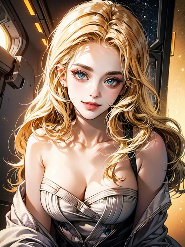 (best quality,ultra-detailed,photo-realistic:1.37),bright and vibrant colors,studio lighting,playful expression,stylish makeup,long blonde hair flowing in the wind,alluring eyes,glossy lips,sexy pose, Space Cadet, Cockpit, smiling in a confident and seductive way,posing for a professional photoshoot,shallow depth of field,highlighting the main subject,soft natural lighting,creating a dreamy and magical atmosphere.sultry look, seductive, seductive smile, inviting expression, suggestive