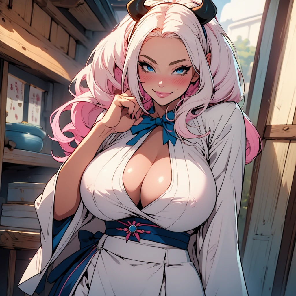 (masterpiece), Best Quality, expressive eyes, perfect face, long straight white hair,blue eyes, milf , pink lips , milf face, teacher outfit ,cow ears , cow girl, 1 girl, tender and blushing, friendly smile, , room in japan , IncrsHeadGrabPOV,madure girl