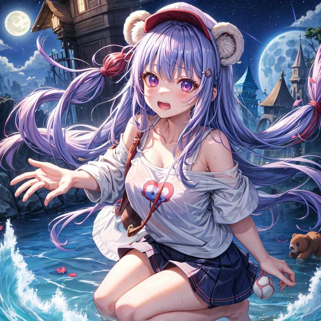 Blue-light purple hair、Red eyes、Braid、One cute girl、solo、And soul、Light clothing、Checked mini skirt、petal、Wet hair、black t-shirts、hoodie、bear ears baseball cap、large tree、cloud、Burning Full Moon、desert、barefoot、Stones are piled up、Teeth are visible、Secret Treasure、Fortress City、Tilting face、Starry Sky