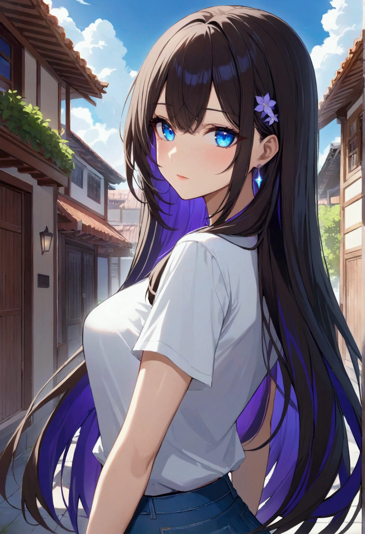 1girl,long dark hair,bright blue eyes with a hint of purple giving them a luminous and multi-dimensional appearance,aesthetic built,casual wear,best quality,4k