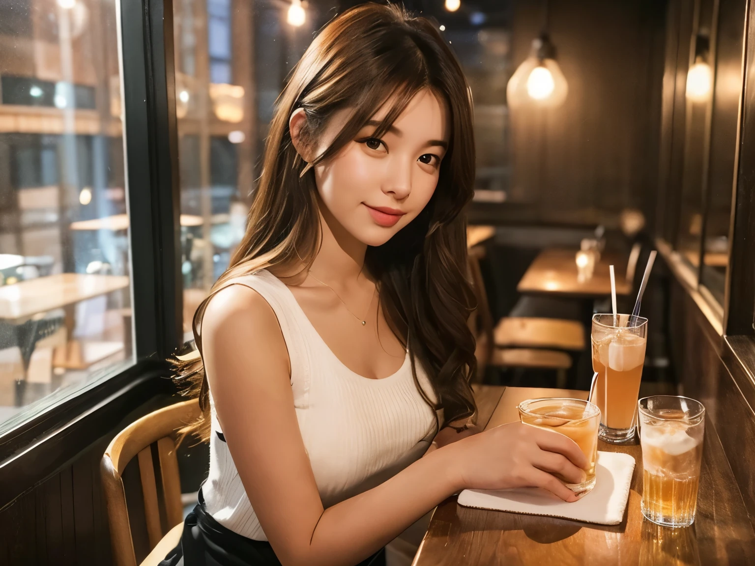 A beautiful young woman sitting at a cozy café during the evening, enjoying a drink. She has long, straight brown hair and is wearing a sleeveless white top. The café is dimly lit, with a warm, inviting atmosphere, and the outside city lights are faintly visible through the window.