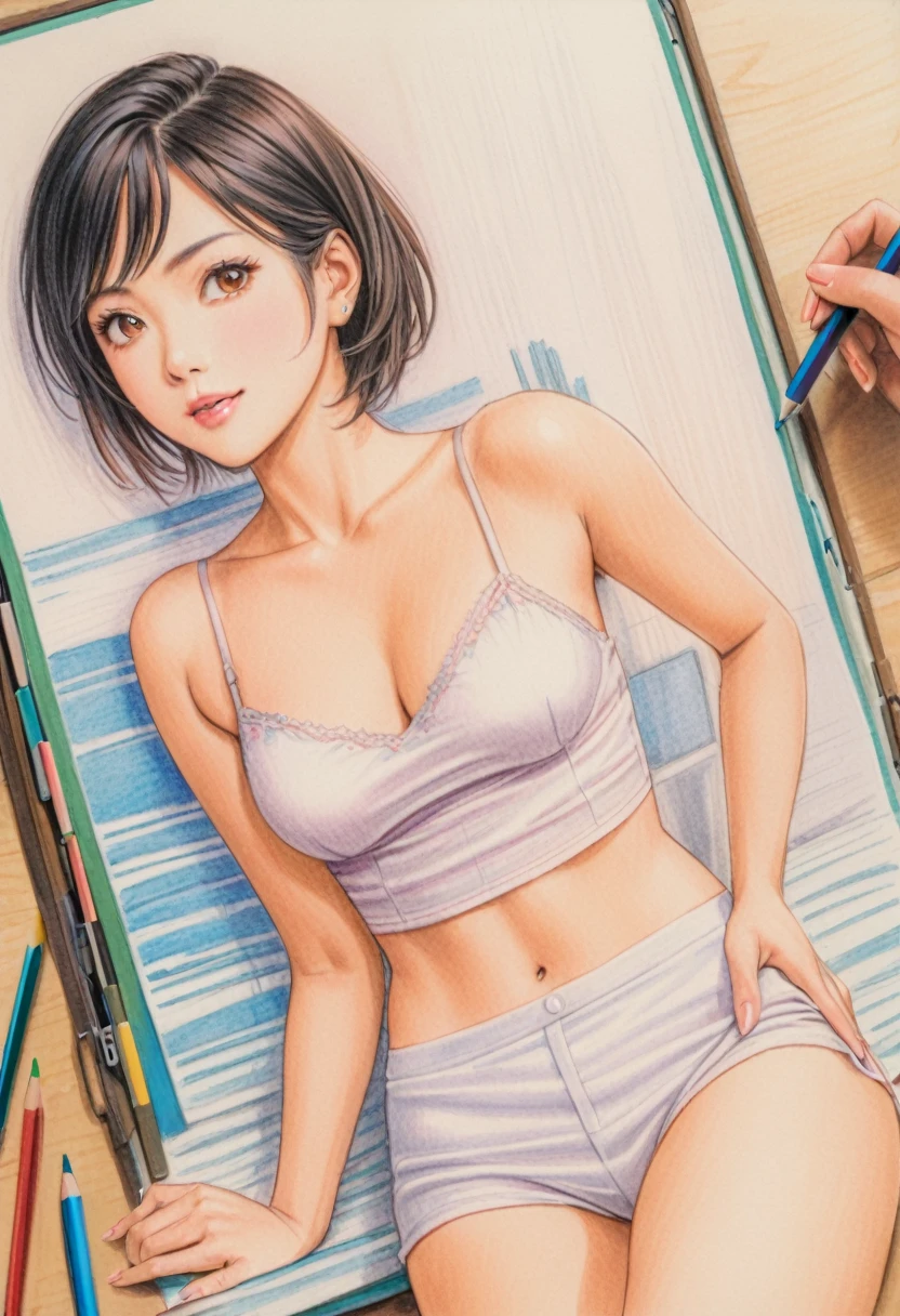 woman,Short camisole,white,art,advertisement,Colored pencil drawing,draft