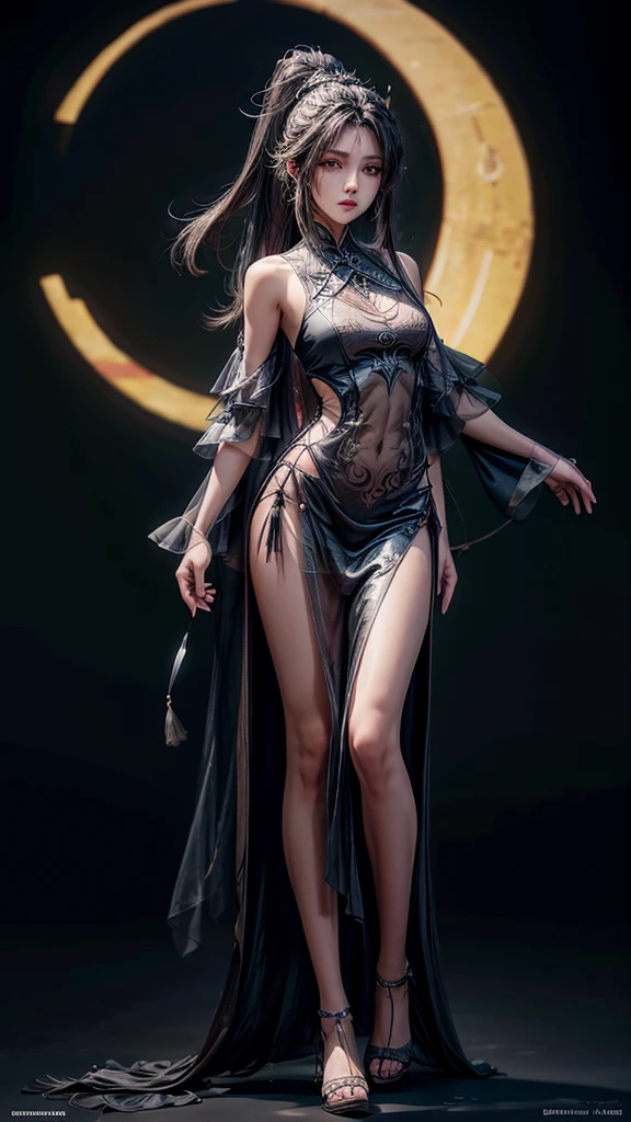Middle distance full body, Double eyelids,Chocolate eyes,Sharp eyes, long hair, ponytail,Sexy short cheongsam sleeveless high slit,Black dark green,A girl,A woman,Full body painting,Full body painting,High heel,Full body painting,Full body painting,8k