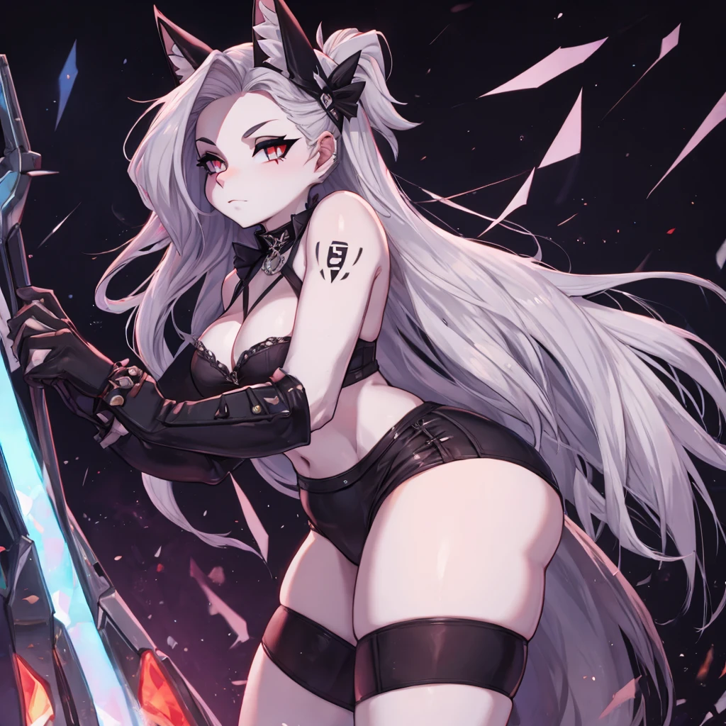(Cool policewoman.Well-formed face.Tall.A very muscular, thin body.Beautiful six pack abs.Big eyes.Beautiful blue eyes.White Hair.Boyish medium-long hair with a center part.I can see your forehead.Heavy eye makeup.Dark lipstick.Tight waist.Very large breasts.Very large breastsの谷間.Beautiful pale pink areola.Firm skin).(A small, see-through white leotard.Nipples are visible.Black leather boots with lots of belts.Cat Ears).(Skyscraper rooftop.Futuristic City.Late Night.I can see the city at night.sitting on a marble chair.With legs apart.My hair is blowing in the wind.Smiling thinly.Sticking out tongue)Perfect Face.Accurate human body.Accurate 5 fingers.High resolution.Full body image