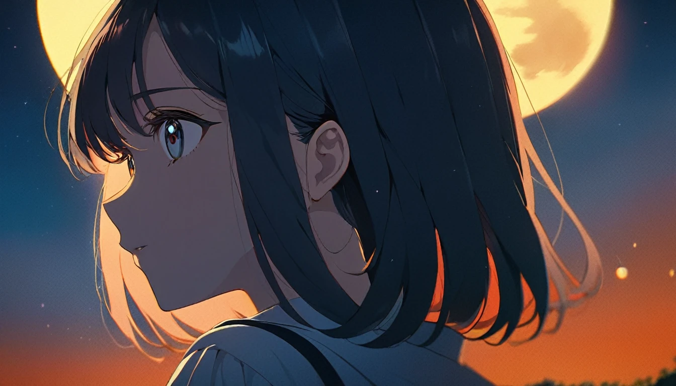 Anime girl standing with her back to the moon at night, Anime atmosphere, Anime Style 4 k, 90s anime art style, Detailed portrait of an anime girl, Anime Style. 8k, Lo-fi art style, Anime Style mixed with fujifilm, 9 0 s Anime Aesthetics, Anime PostersMovie StillsPortrait, Anime Aesthetics