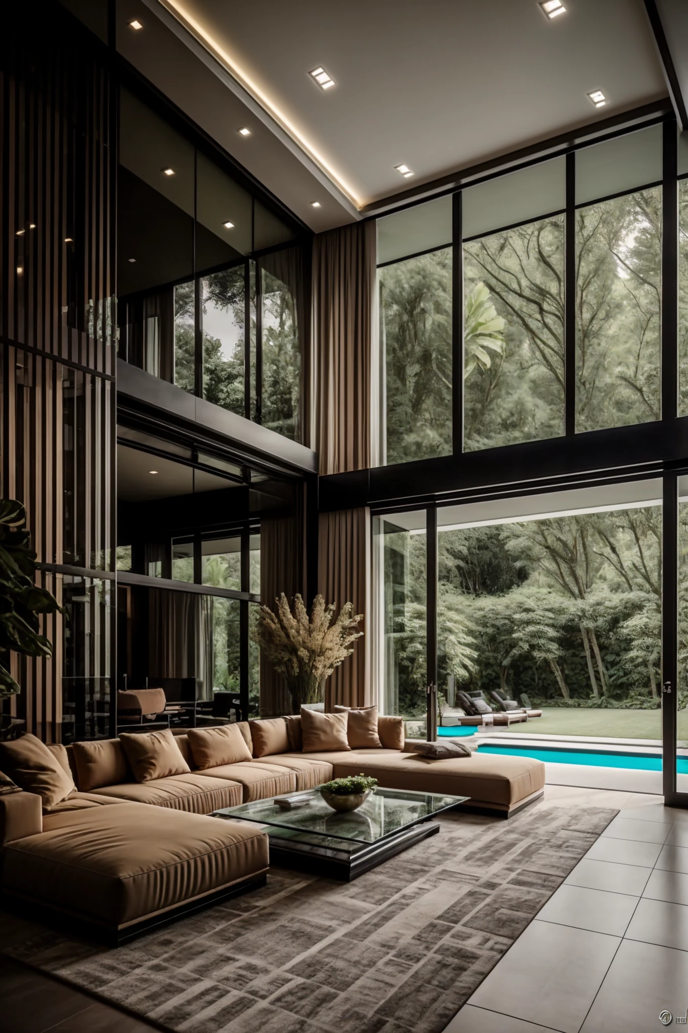 A serene scene of a luxurious villa showcases floor-to-ceiling glass windows, offering a breathtaking panorama of the outdoors. Lush greenery and vibrant floral arrangements adorn the spacious terrace, while the glass walls blend seamlessly with the natural scenery outside. The interior of the villa is tastefully decorated with plush furnishings and modern amenities, creating an inviting and comfortable atmosphere. The floor-to-ceiling glass provides ample natural light, adding a sense of tranquility and openness to the space. The scene is captured in high definition, showcasing the villa's architectural elegance and the breathtaking