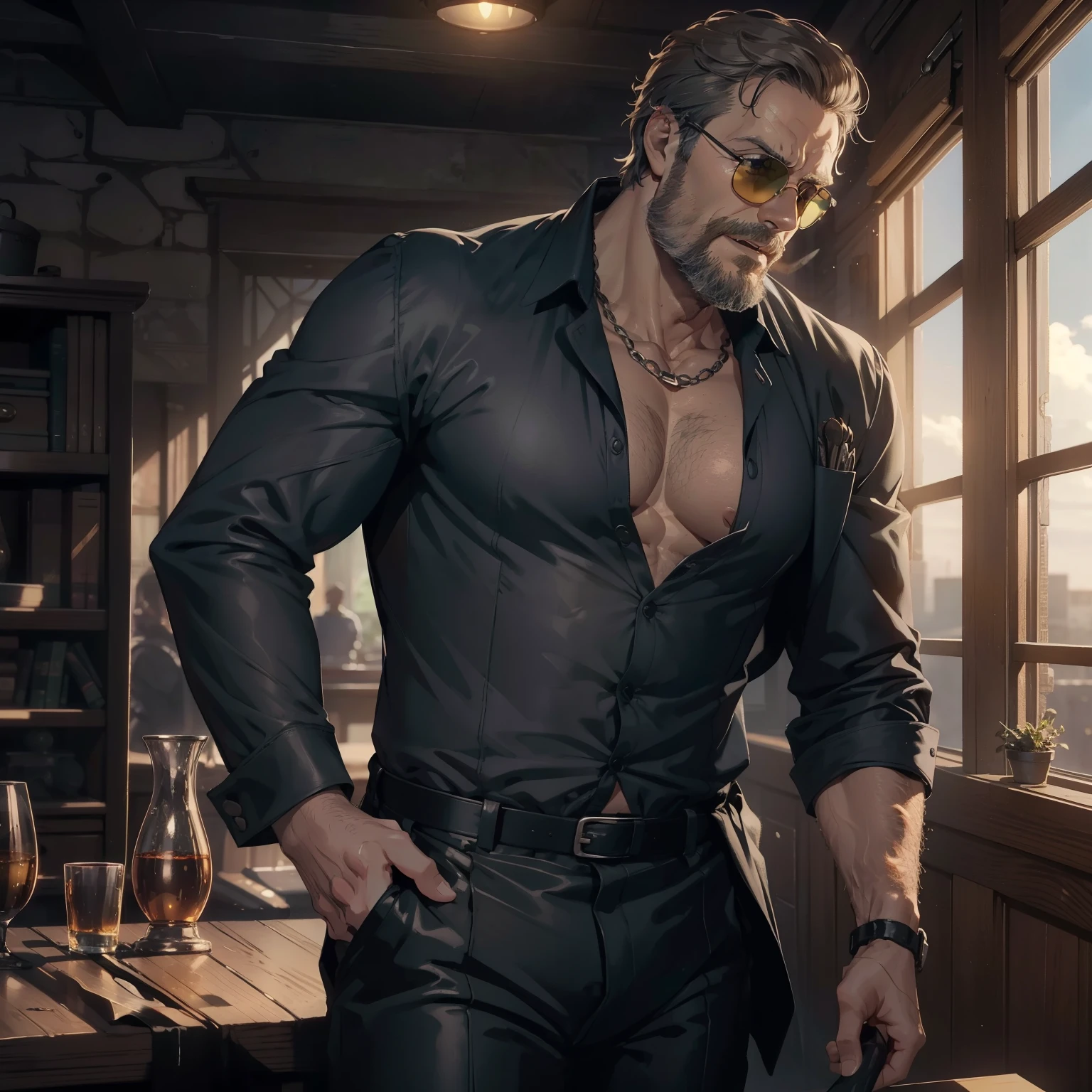 One handsome professor showing his penis in the classroom para muitos alunos jovens, many young people are around you, very lewd, Stately, lateral view, below pov, fully body, 50 years old, grey short hair , thick grey beard, dark oliva skin color, wide pectorals, huge pecs, very hairy chest, sultry posing, laughing at the spectator, showing your penis, massive penis, testicules, cumming, he is enjoying, wearing a very cleavage formal shirt and black formal pants, very cleavage shirt, sunglasses, wet clothes, big bulge, thick thights, Wonderful highly detailed masterpiece, beautiful cinematic light deep focus, chic, digitalpainting, seeds, sharp focus, dramatic lighting, 8k
