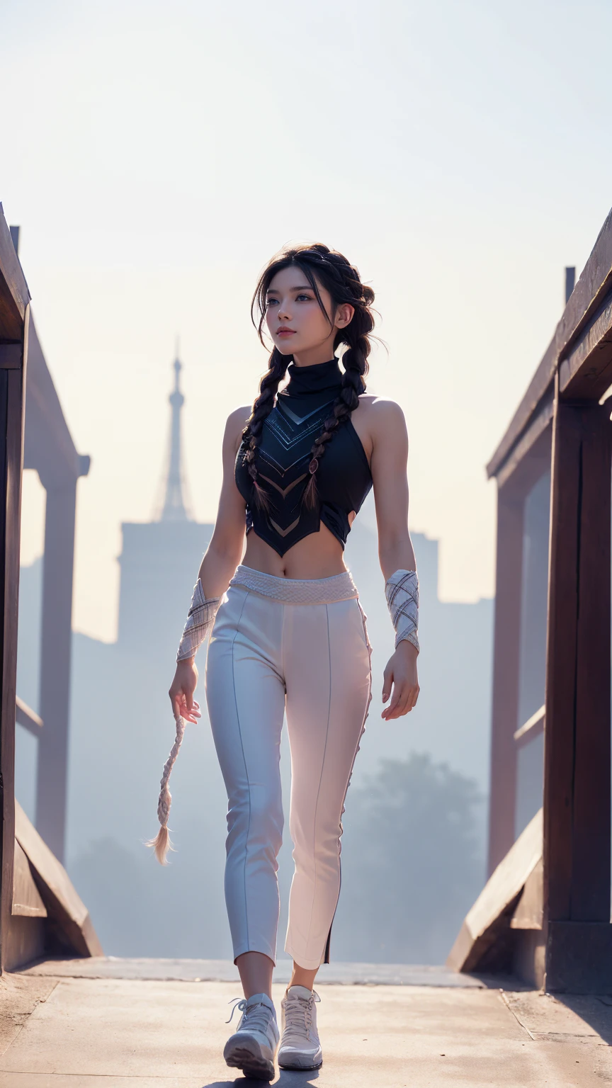 ((Paris Olympic background)), ((Full body)), (((perfect anatomy))),(((Ulzan 6500))),Dynamic portraits, A stunning intricate full color portrait of (sks woman:1), wearing a white sleeveless turtleneck with cropped in the belly part, cropped turtleneck, pants, cool girl, dark plain background, epic character composition, by ilya kuvshinov, alessio albi, nina masic, sharp focus, natural lighting, subsurface scattering, f1.8, 35mm, film grain, black voluminous hair inspired by Pharah Overwatch, (((white braided hair))), side-swept bang, best hair, candid, looking away