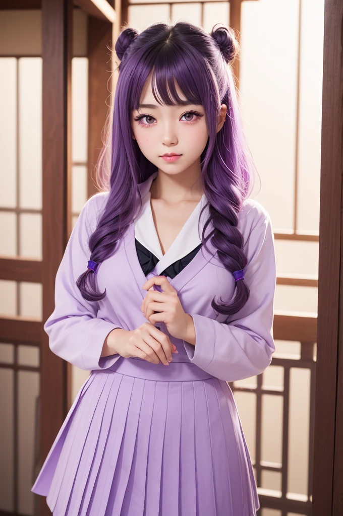 Make a 19 year old Japanese schoolgirl with red eyes, beautiful and with slightly curly hair, purple with lilac tips.