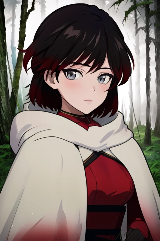 srwby, short hair, black hair, red hair, white cloak, white cape, gradient hair, grey eyes, Solo, 1girl, Looking at viewer, Masterpiece, Best Quality, forest