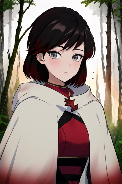 srwby, short hair, black hair, red hair, white cloak, white cape, gradient hair, grey eyes, Solo, 1girl, Looking at viewer, Masterpiece, Best Quality, forest