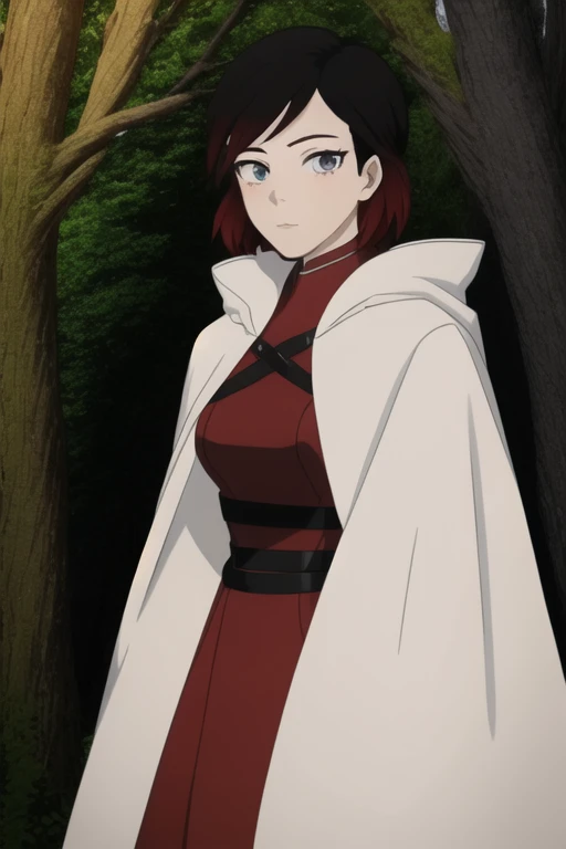 srwby, short hair, black hair, red hair, white cloak, white cape, gradient hair, grey eyes, Solo, 1girl, Looking at viewer, Masterpiece, Best Quality, forest